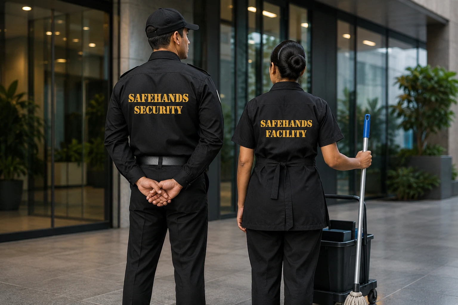 Professional security personnel at a modern commercial building